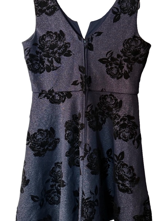 Mi Ami Dresses & Skirts - Mi Ami Large Navy Blue Floral Midi Dress with Black Flocked Burnout Velvet Roses